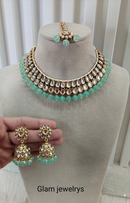 Pastel Green Gold Kundan Necklace Indian Jewellery Roshan Set