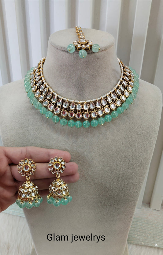 Pastel Green Gold Kundan Necklace Indian Jewellery Roshan Set