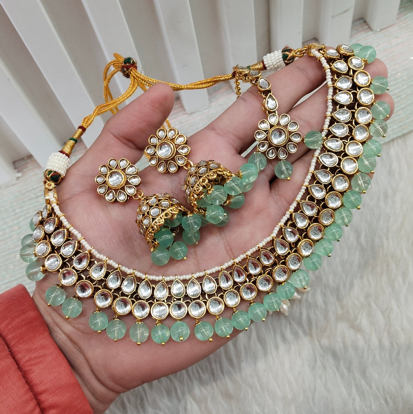 Pastel Green Gold Kundan Necklace Indian Jewellery Roshan Set