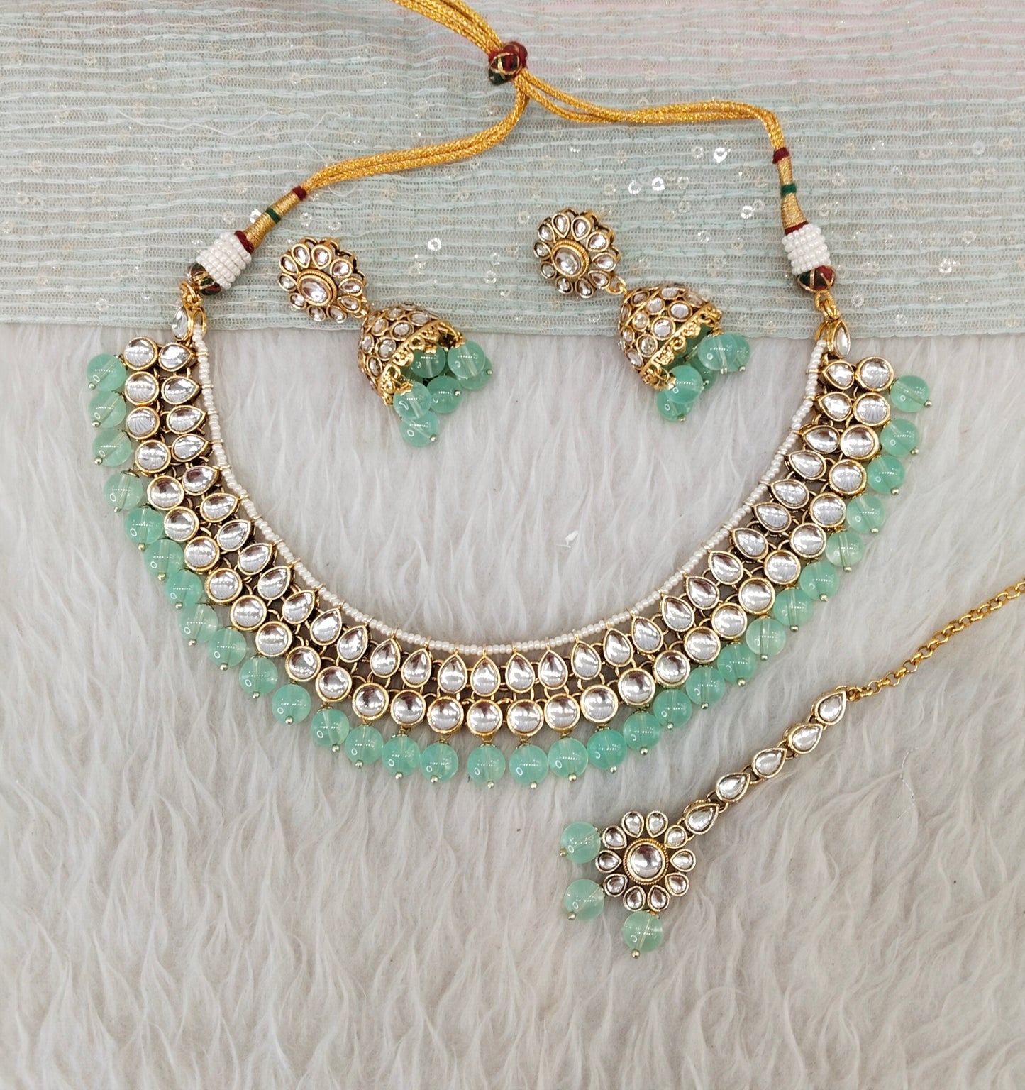 Pastel Green Gold Kundan Necklace Indian Jewellery Roshan Set