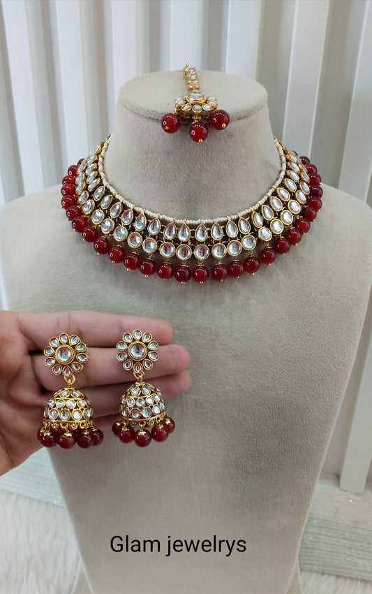 Ruby Gold Kundan Necklace Indian Jewellery Roshan Set