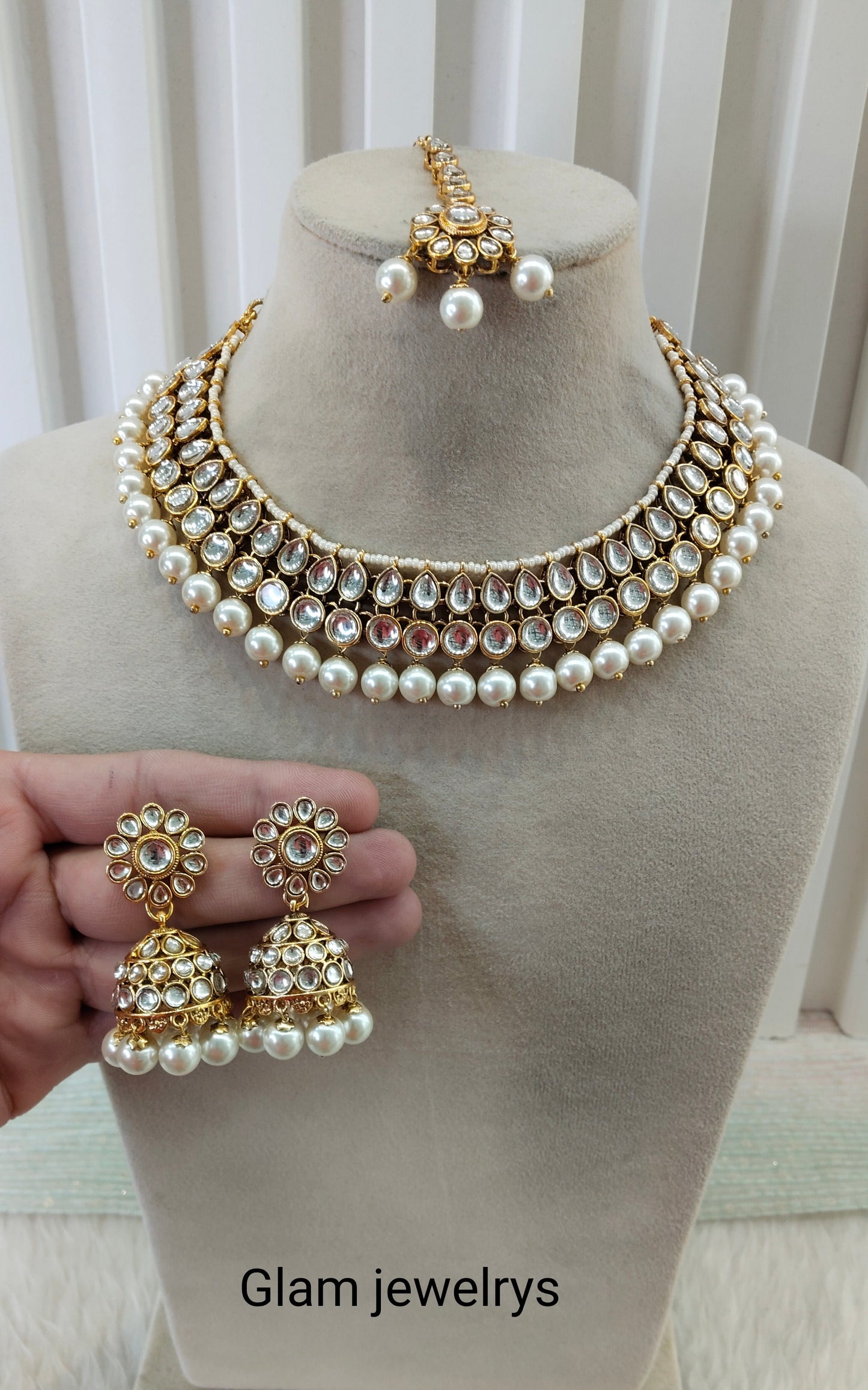 White Gold Kundan Necklace Indian Jewellery Roshan Set
