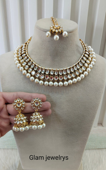 White Gold Kundan Necklace Indian Jewellery Roshan Set
