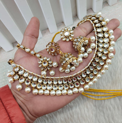 White Gold Kundan Necklace Indian Jewellery Roshan Set