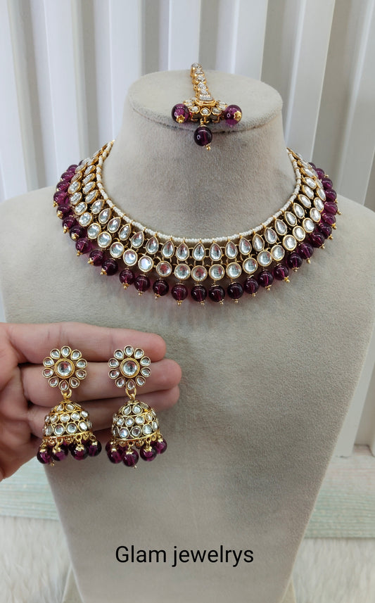 Purple Gold Kundan Necklace Indian Jewellery Roshan Set