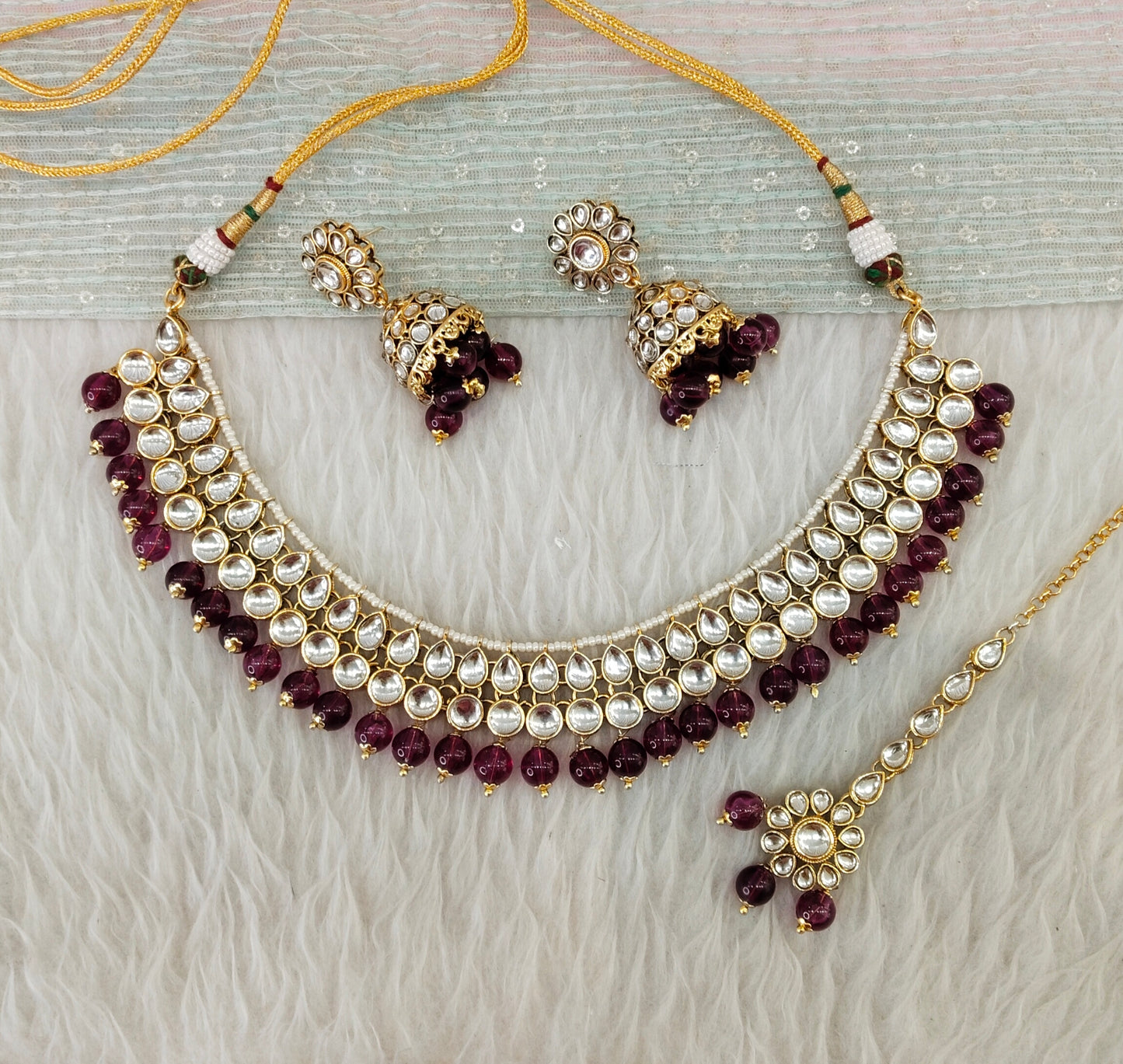 Purple Gold Kundan Necklace Indian Jewellery Roshan Set