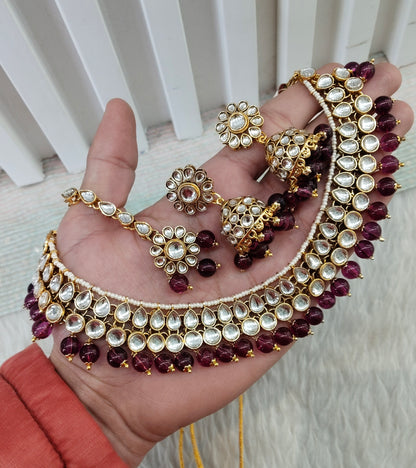 Purple Gold Kundan Necklace Indian Jewellery Roshan Set
