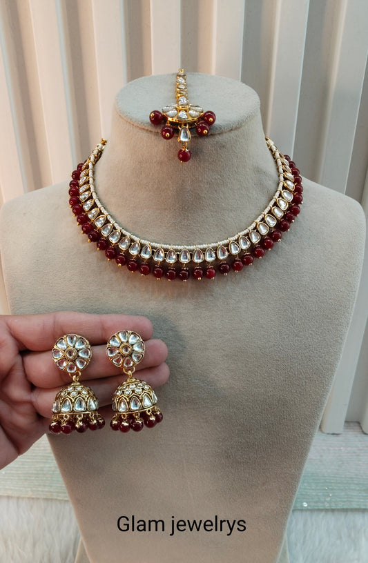Maroon Gold Kundan Necklace Indian Jewellery Prince Set