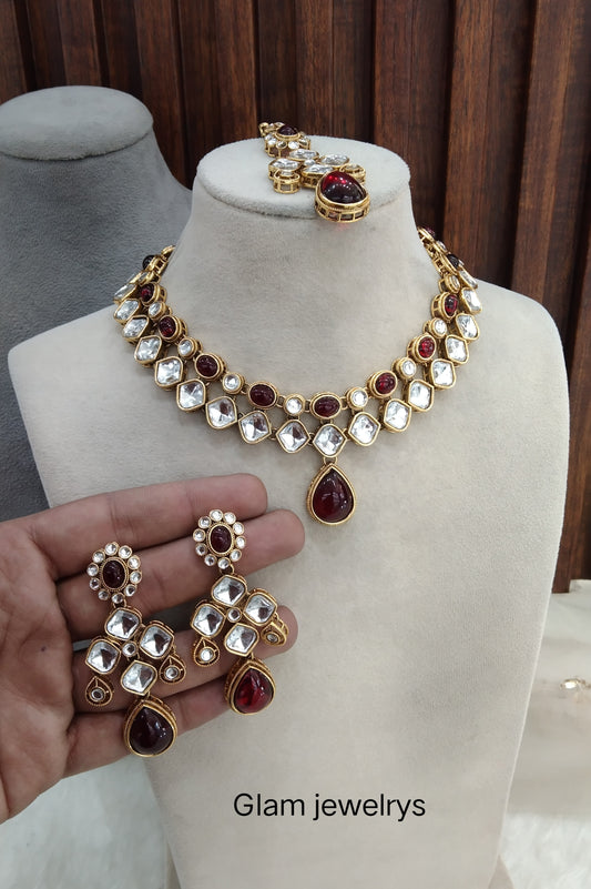 Maroon Gold Kundan Necklace Indian Jewellery Rupy Set