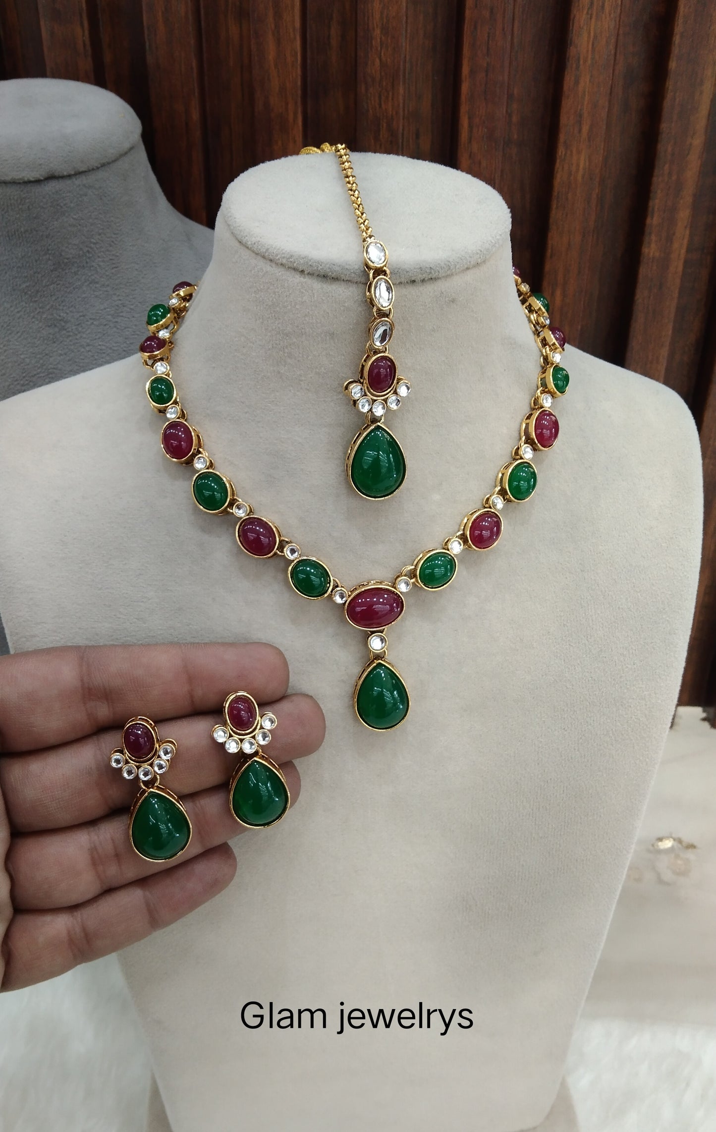Ruby Green Gold Kundan Necklace Indian Jewellery Mahi Set
