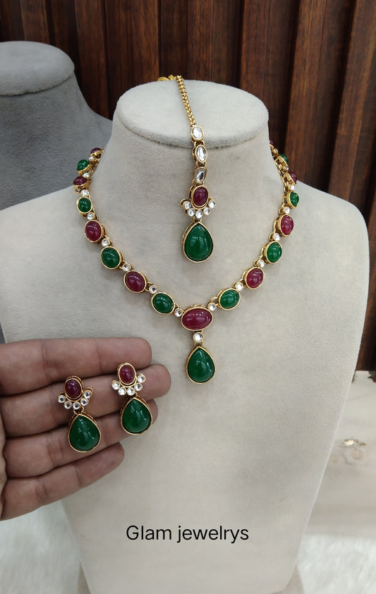 Ruby Green Gold Kundan Necklace Indian Jewellery Mahi Set