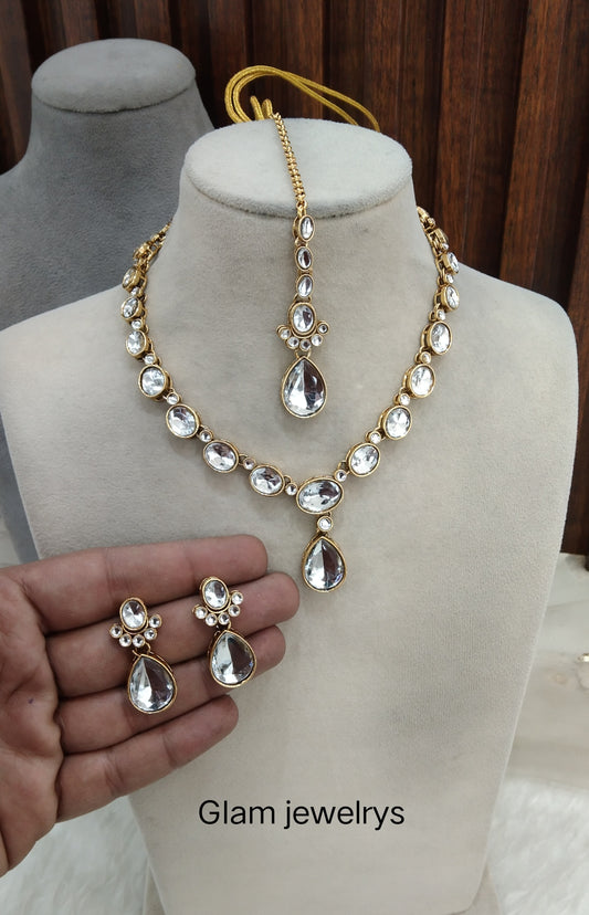 White Gold Kundan Necklace Indian Jewellery Mahi Set