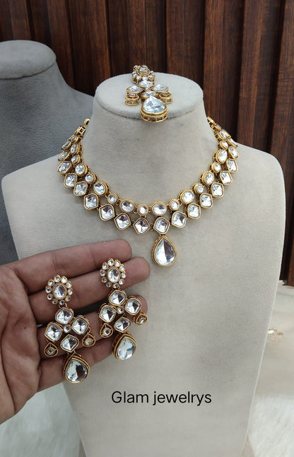 White Gold Kundan Necklace Indian Jewellery Rupy Set