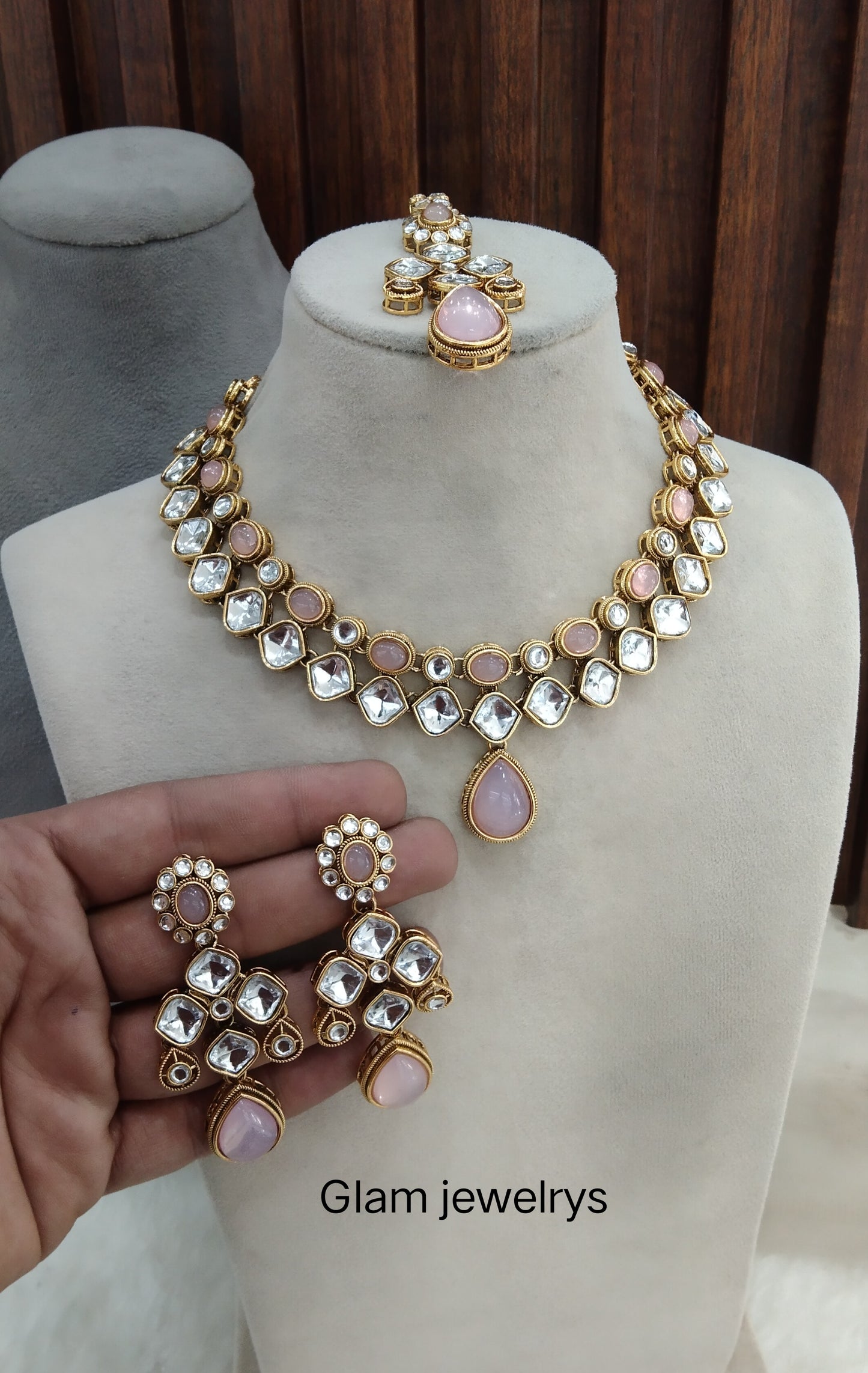 Pink Gold Kundan Necklace Indian Jewellery Rupy Set