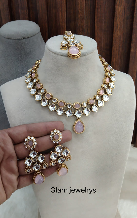 Pink Gold Kundan Necklace Indian Jewellery Rupy Set