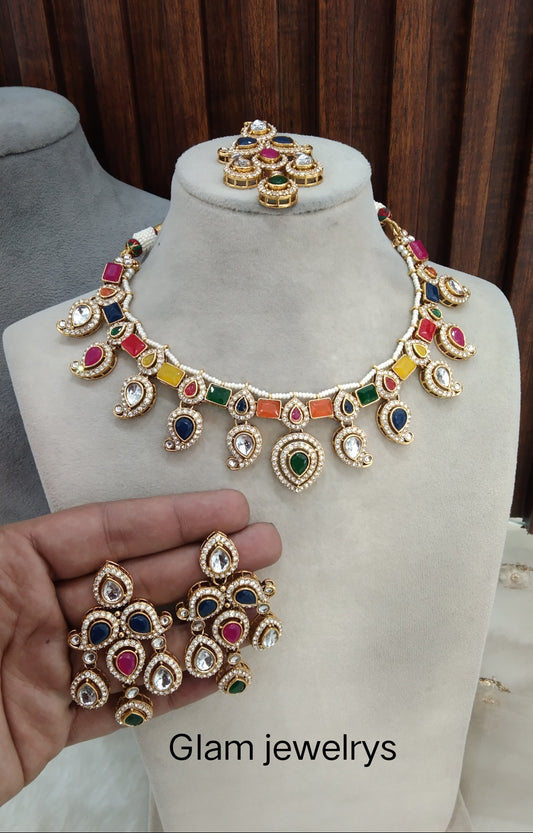 Multi Color Gold Kundan Necklace Indian Jewellery Nimrat Set
