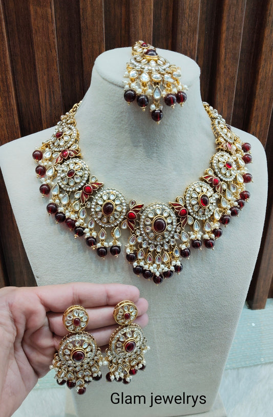Maroon Gold Kundan Necklace Indian Jewellery Charvi Set