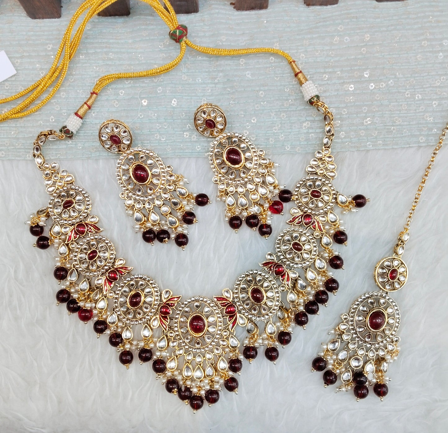 Maroon Gold Kundan Necklace Indian Jewellery Charvi Set
