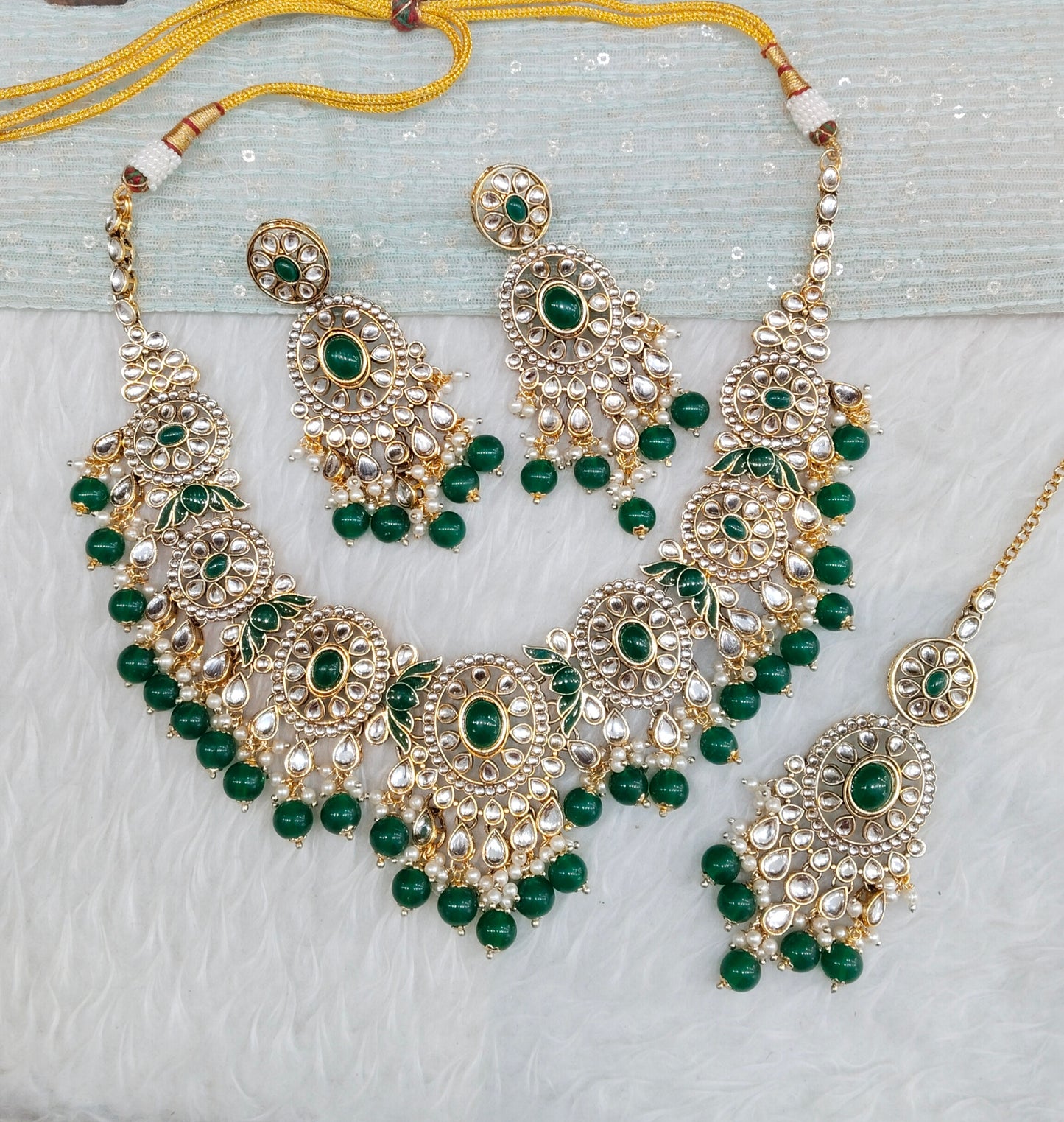 Green Gold Kundan Necklace Indian Jewellery Charvi Set