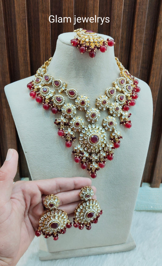 Maroon Gold Kundan Necklace Indian Jewellery Cello Set