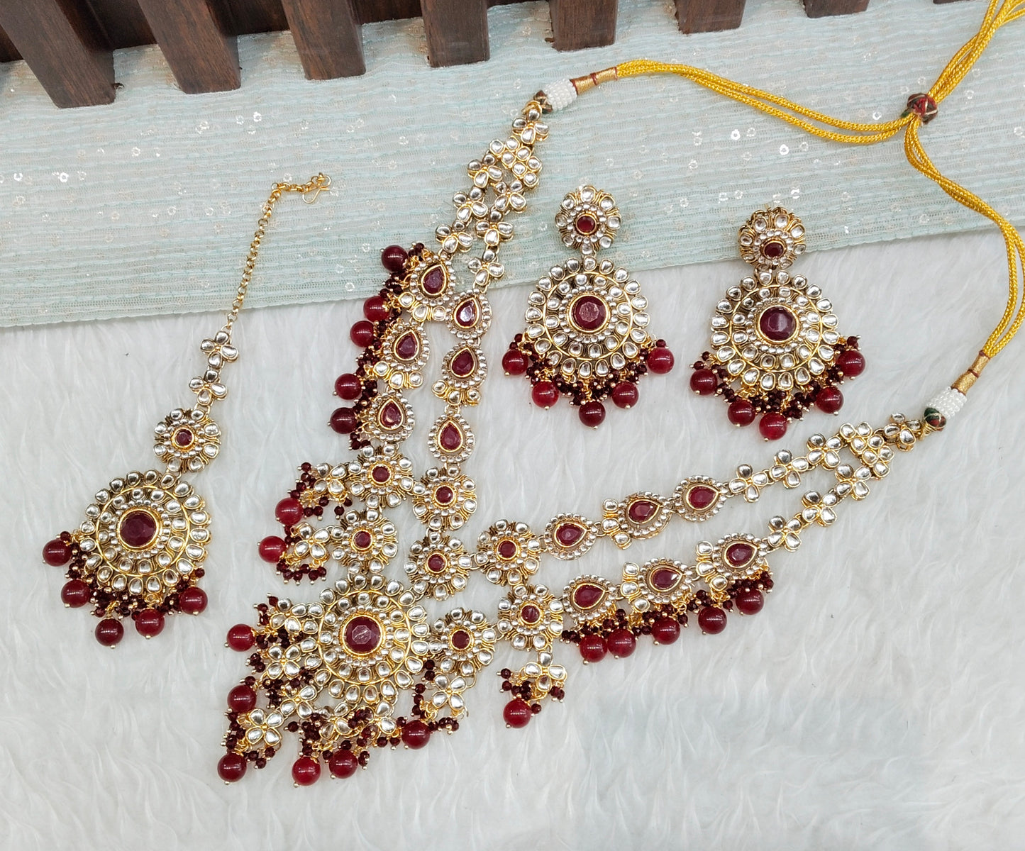 Maroon Gold Kundan Necklace Indian Jewellery Cello Set