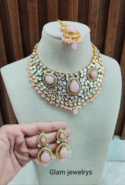 Pink Gold Kundan Necklace Indian Jewellery College Set
