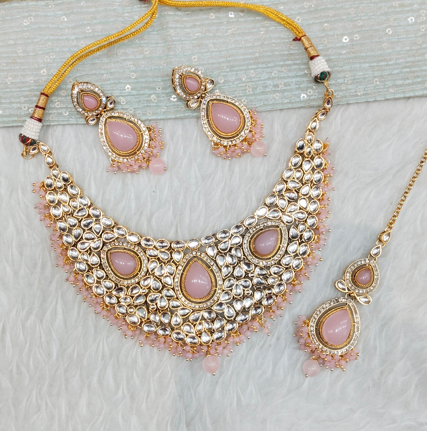 Pink Gold Kundan Necklace Indian Jewellery College Set