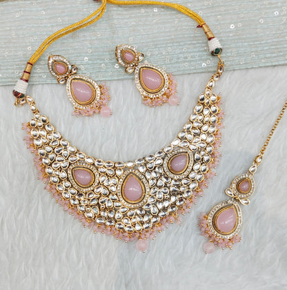 Pink Gold Kundan Necklace Indian Jewellery College Set