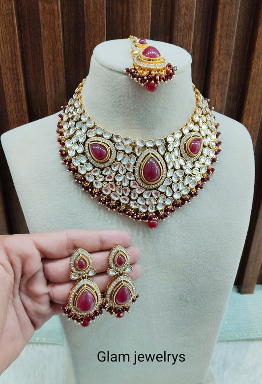 Maroon Gold Kundan Necklace Indian Jewellery College Set