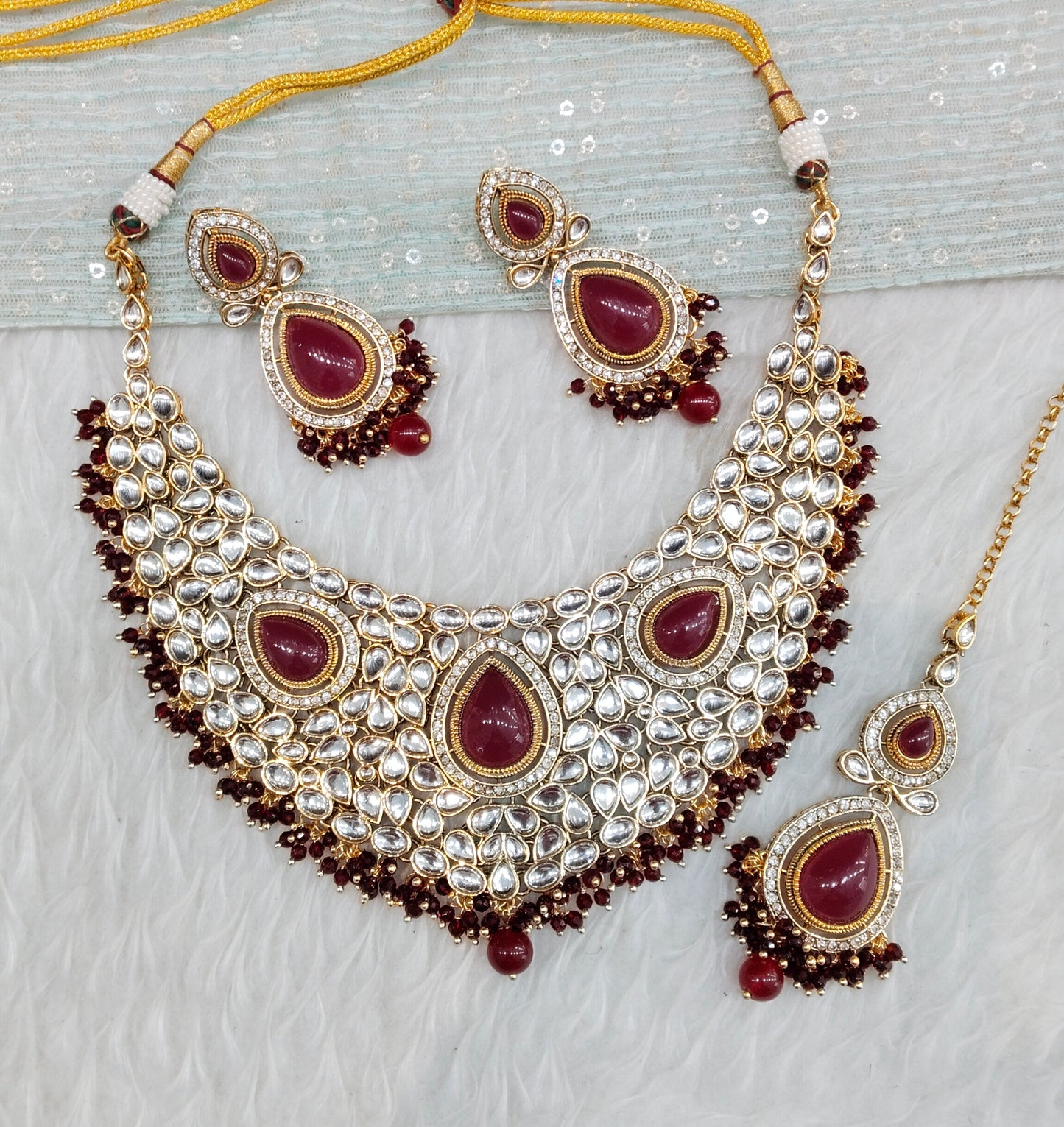 Maroon Gold Kundan Necklace Indian Jewellery College Set