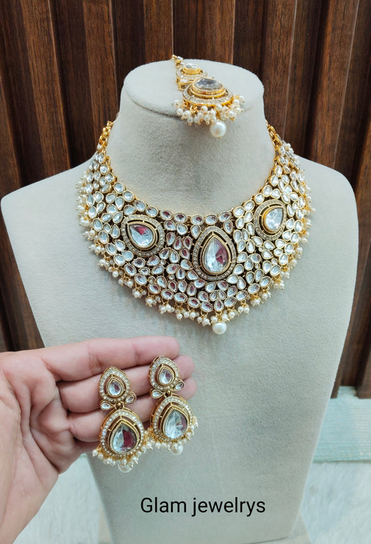 White Gold Kundan Necklace Indian Jewellery College Set