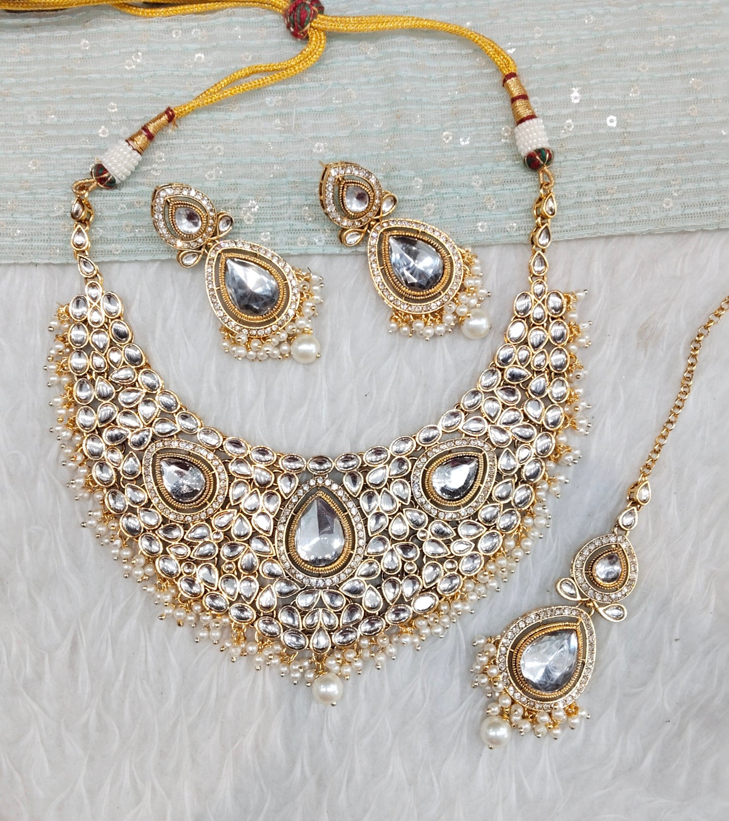 White Gold Kundan Necklace Indian Jewellery College Set