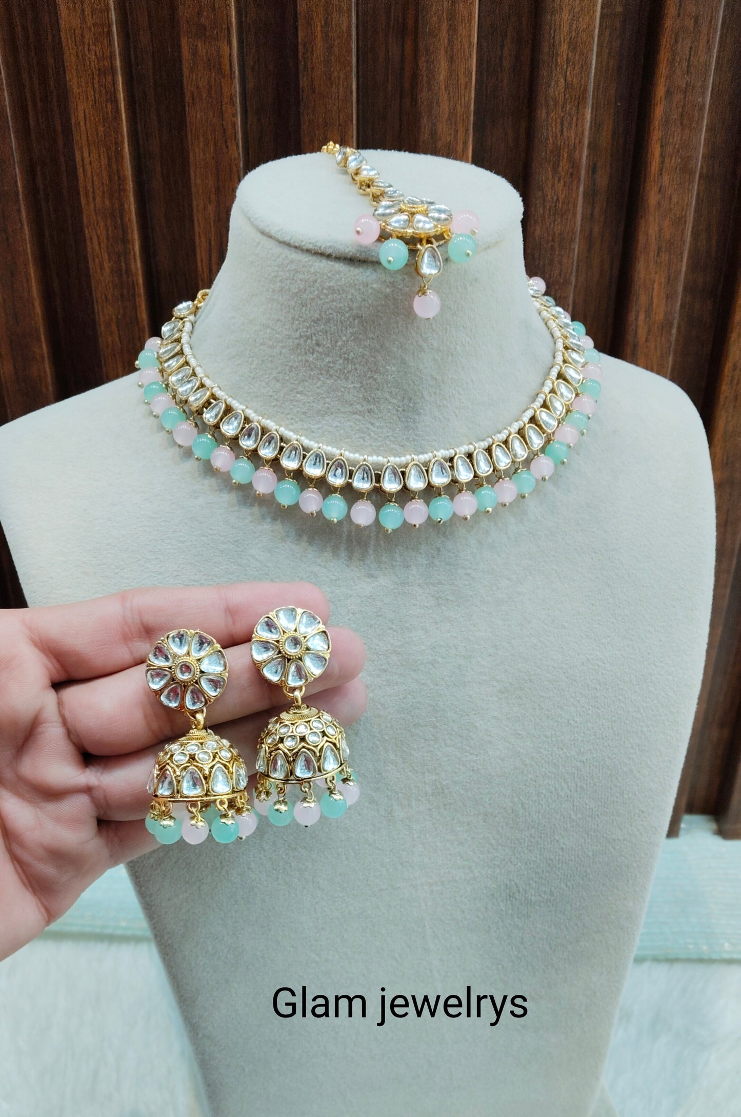 Mint Pink Gold Kundan Necklace Indian Jewellery Prince Set