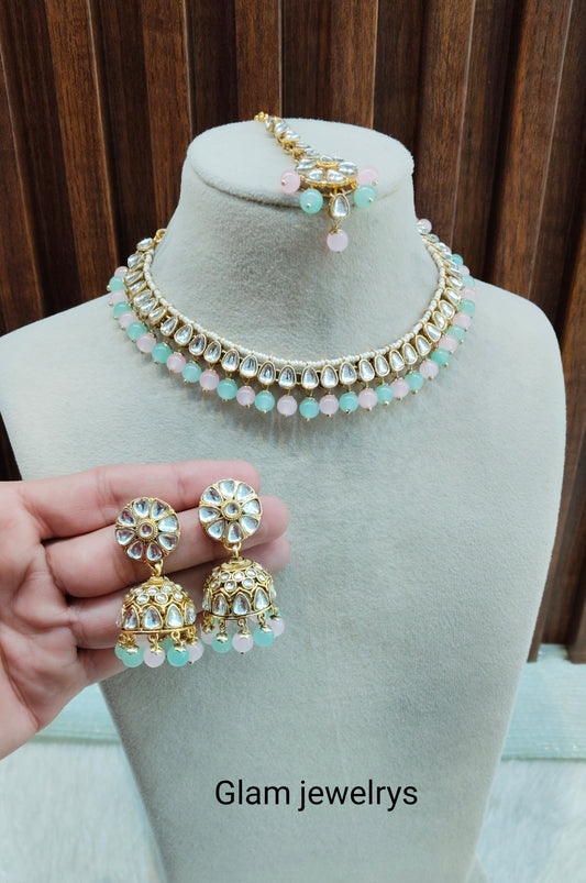 Mint Pink Gold Kundan Necklace Indian Jewellery Prince Set