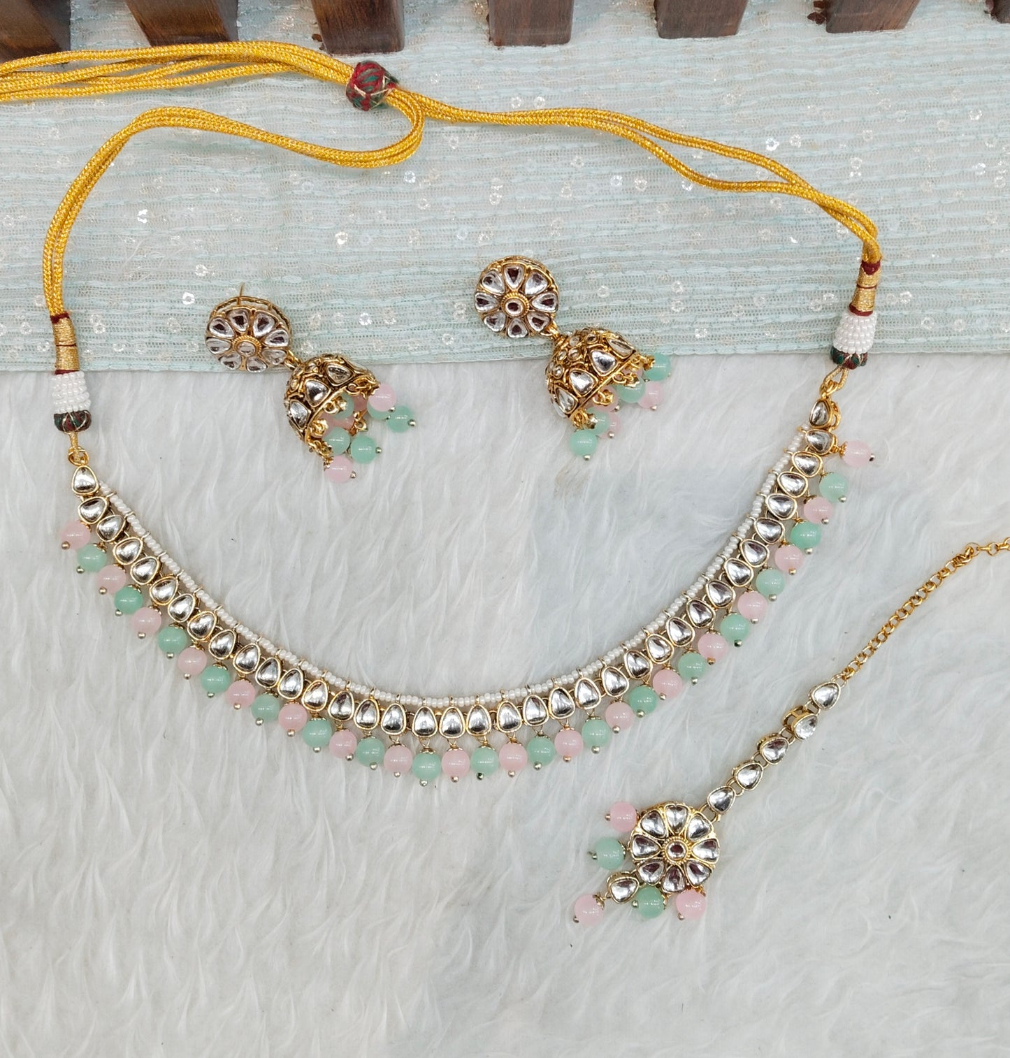 Mint Pink Gold Kundan Necklace Indian Jewellery Prince Set