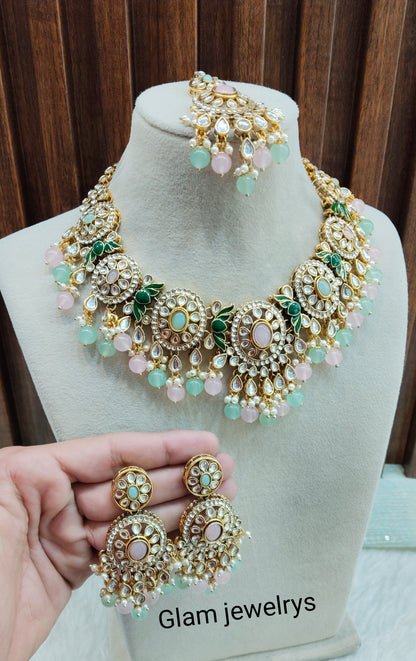 Mint Pink Gold Kundan Necklace Indian Jewellery Charvi Set
