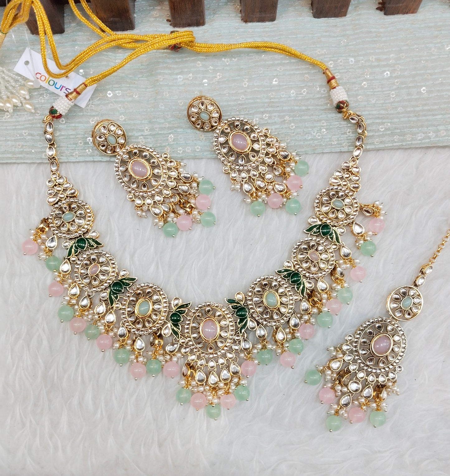 Mint Pink Gold Kundan Necklace Indian Jewellery Charvi Set