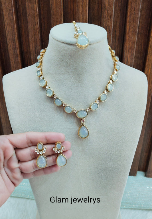 Pastel Green Gold Kundan Necklace Indian Jewellery Mahi Set