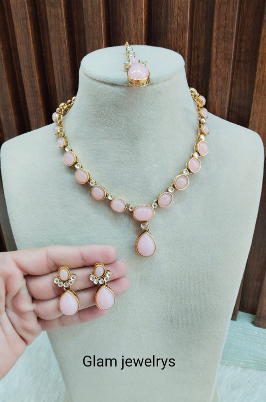 Pink Gold Kundan Necklace Indian Jewellery Mahi Set