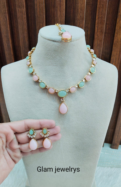 Mint Pink Gold Kundan Necklace Indian Jewellery Mahi Set