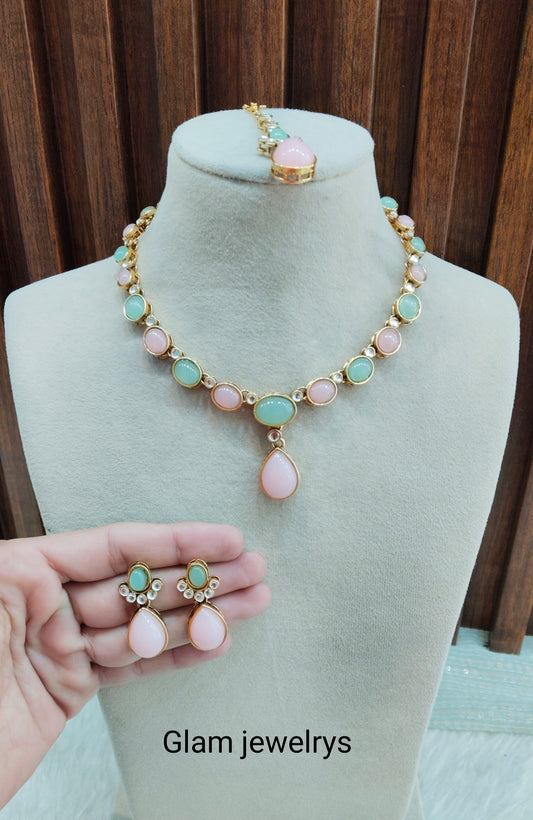 Mint Pink Gold Kundan Necklace Indian Jewellery Mahi Set