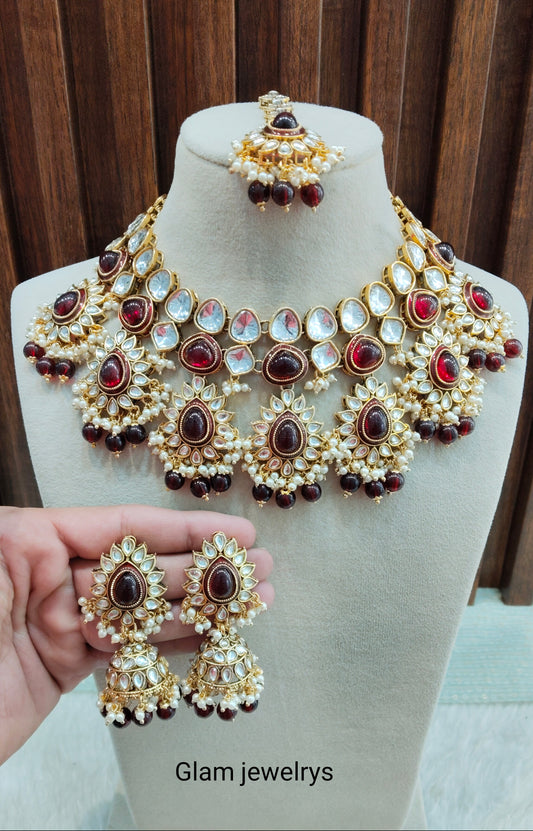 Maroon Gold Kundan Necklace Indian Jewellery Homeland Set