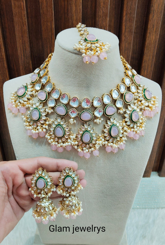 Pink Gold Kundan Necklace Indian Jewellery Homeland Set