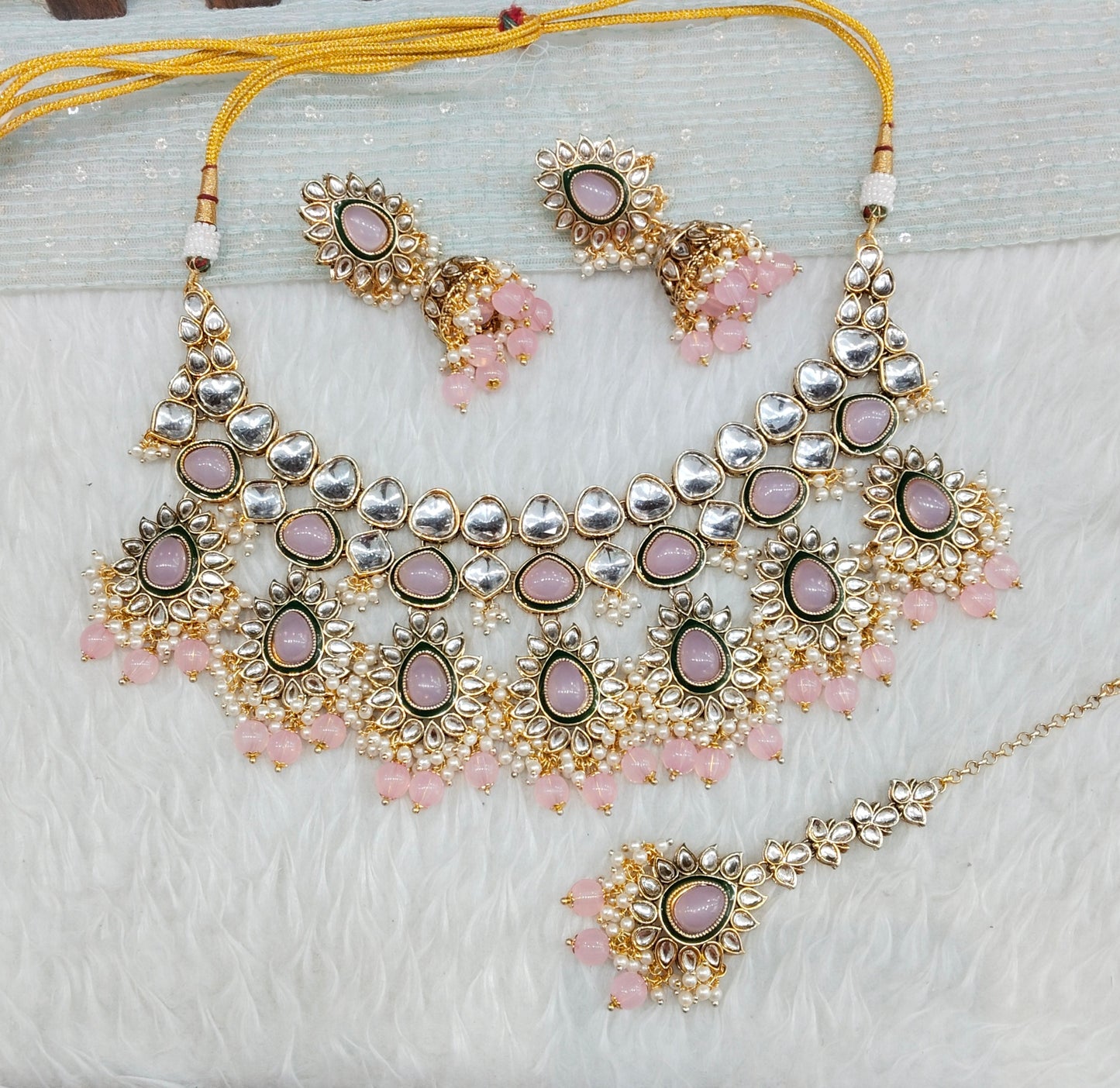 Pink Gold Kundan Necklace Indian Jewellery Homeland Set