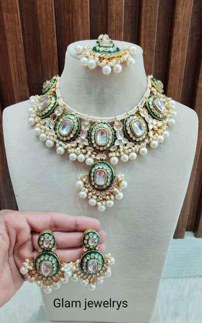 Green Gold Kundan Necklace Indian Jewellery Alone Set