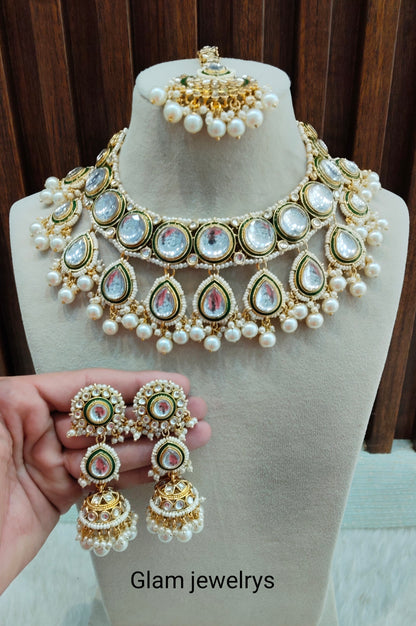 White Gold Kundan necklace Indian Jewellery Manu Set