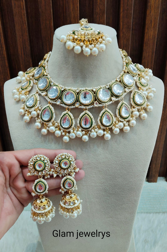 White Gold Kundan necklace Indian Jewellery Manu Set