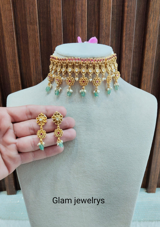 Ruby Sage Green Gold Polki Choker Indian Jewellery Simran Set
