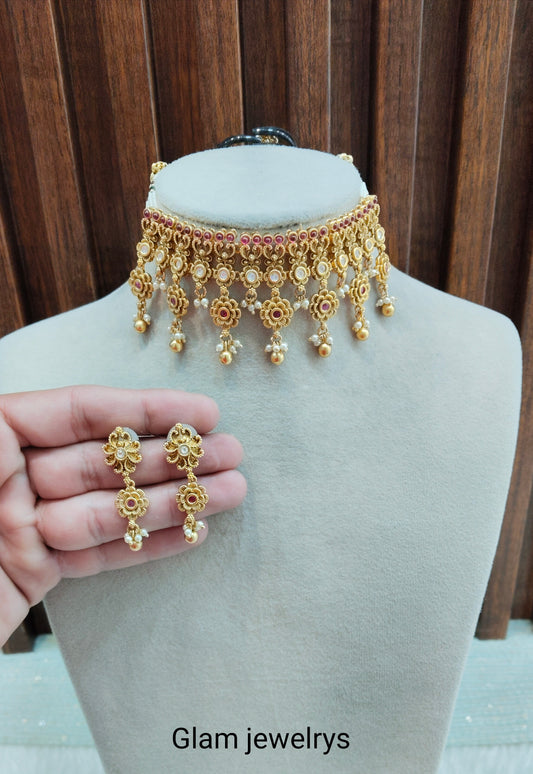 Ruby Gold Polki Choker Indian Jewellery Simran Set