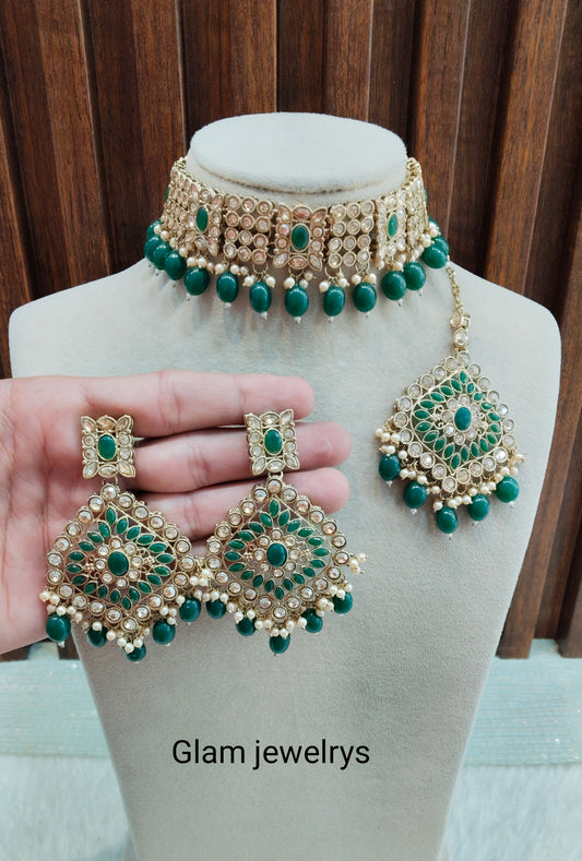Green Antique Gold Choker Indian Jewellery Hanish Set